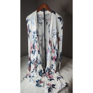 J Jill Petite Floral Duster Cardigan Open Front Knit Sweater Medium M White